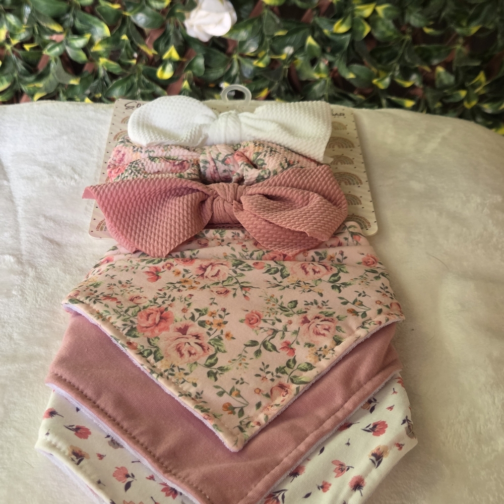 Baby Bow Headband Bandana Bib 6 Pack Gift Set Pink White Floral Danbar NWT